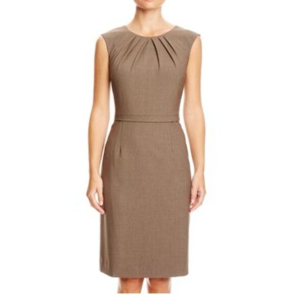 Tahari Sheath Dress 8 Bark Brown Pleat Neck Sleeveless Classic Career Church - Picture 1 of 9